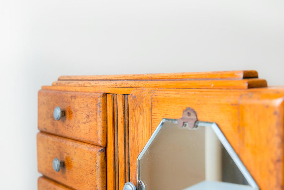 Antique Art Deco Oak Medicine Cabinet with Octagonal Mirror