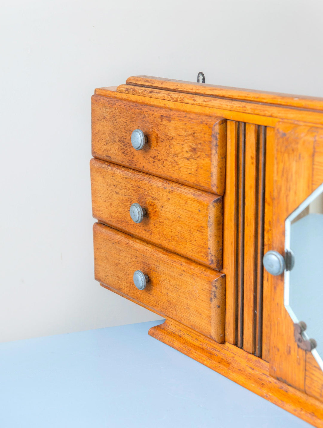 Antique Art Deco Oak Medicine Cabinet with Octagonal Mirror