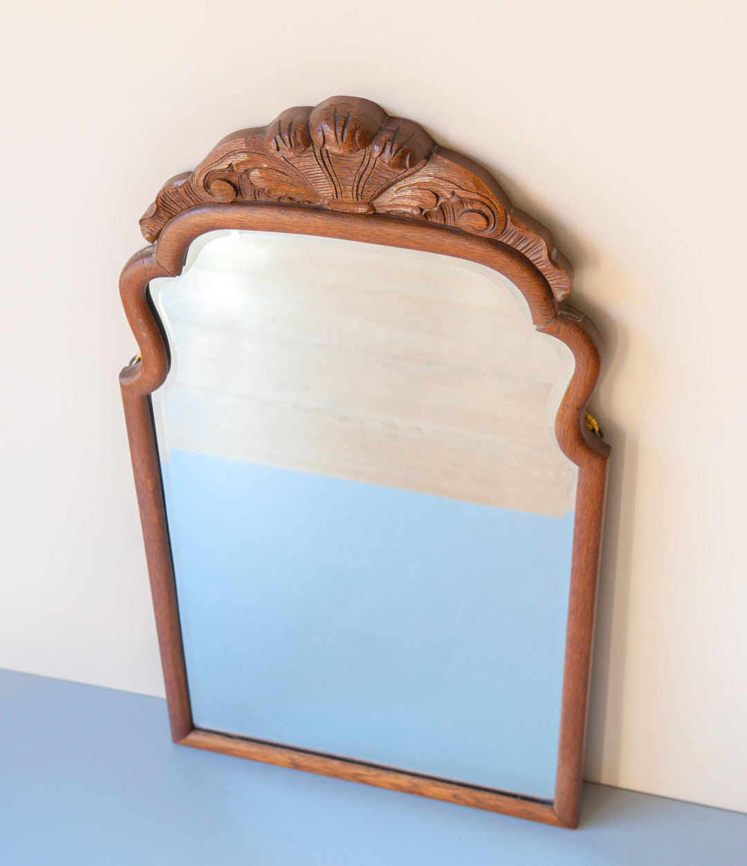 Antique Oak Scalloped Mirror- Carved Crest, 1900s