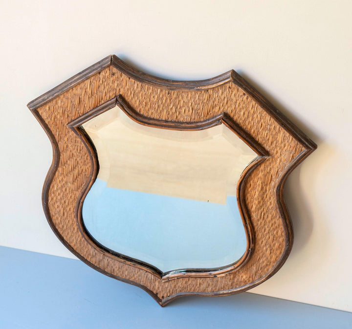 Vintage Shield Mirror - Large Rattan Wicker Frame