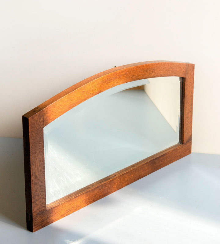 Art Deco Curved Wall Mirror with Beveled Glass – Oak Wood