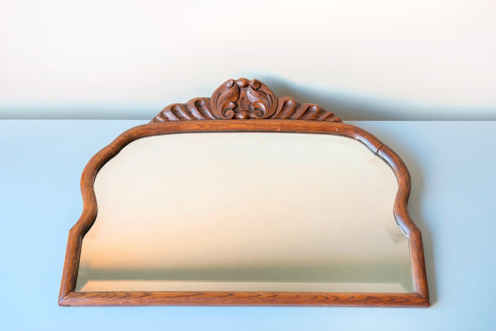 Large Antique Wooden Mantel Mirror – Scalloped Frame With Carved Crest
