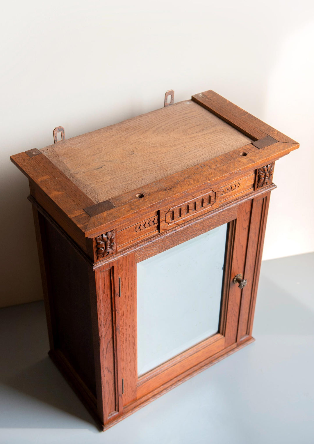 Antique Oak Wall Cabinet With Beveled Mirror – 19th Century