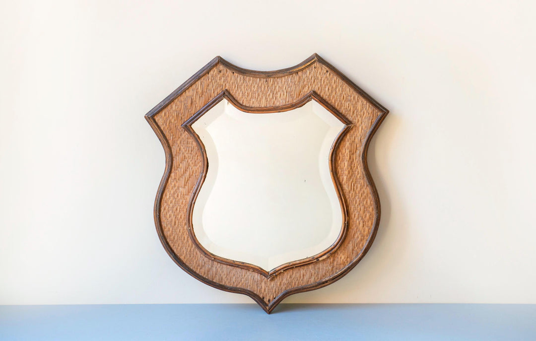 Vintage Shield Mirror - Large Rattan Wicker Frame