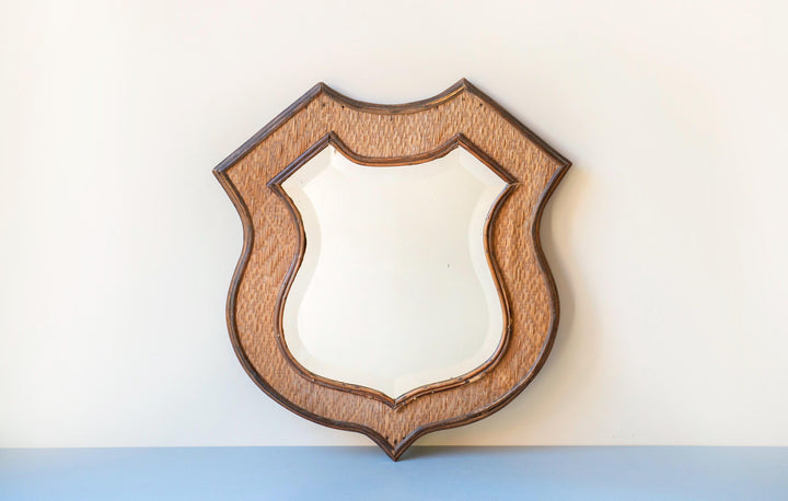 Vintage Shield Mirror - Large Rattan Wicker Frame