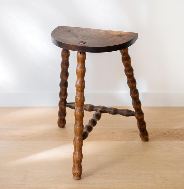 Vintage Wooden Milking Stool with Turned Bobbin Legs