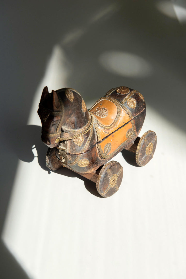 Antique Indian Wooden Horse on Wheels – Brass & Copper