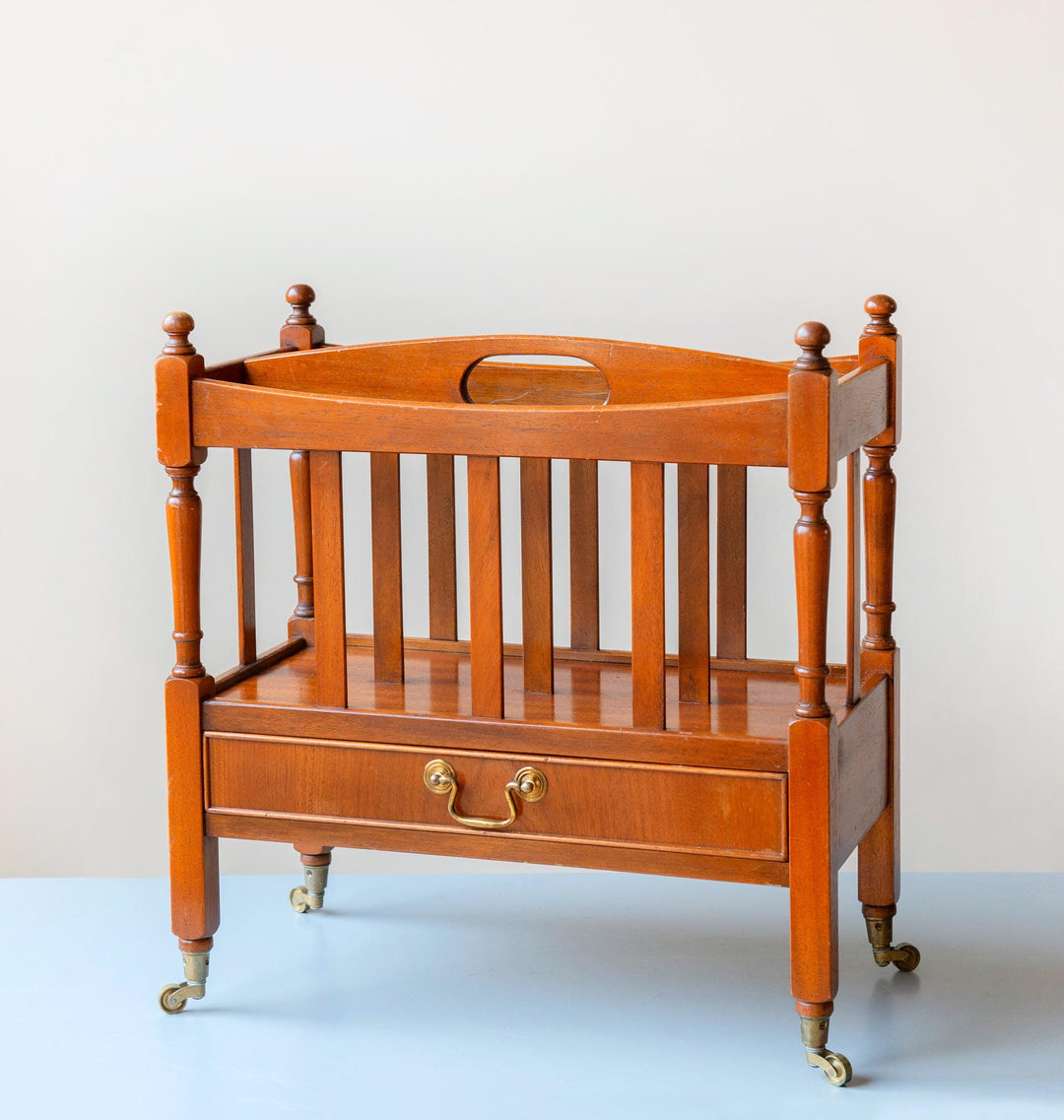 Vintage Wooden Magazine Rack Trolley with Drawer and Wheels