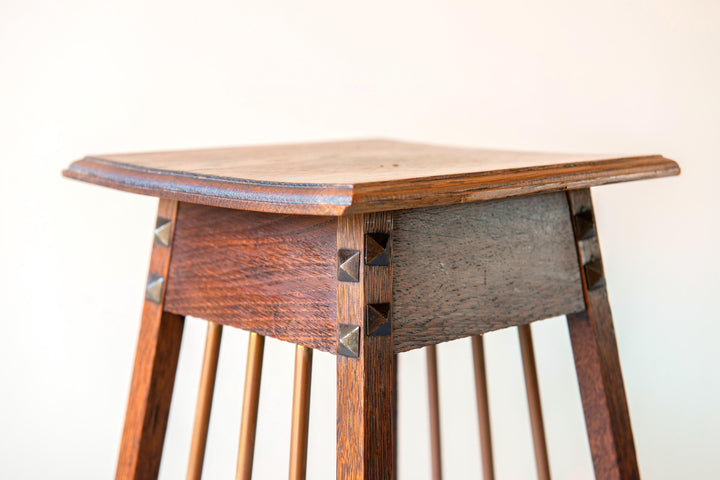 Dutch Art Deco Oak Side Table With Brass Spindles