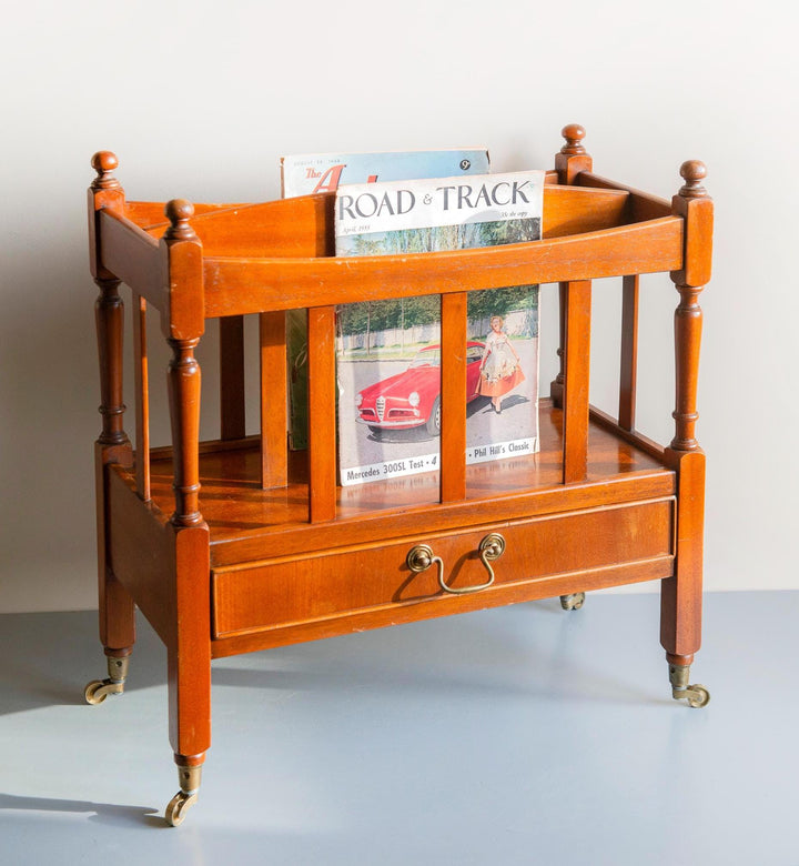 Vintage Wooden Magazine Rack Trolley with Drawer and Wheels