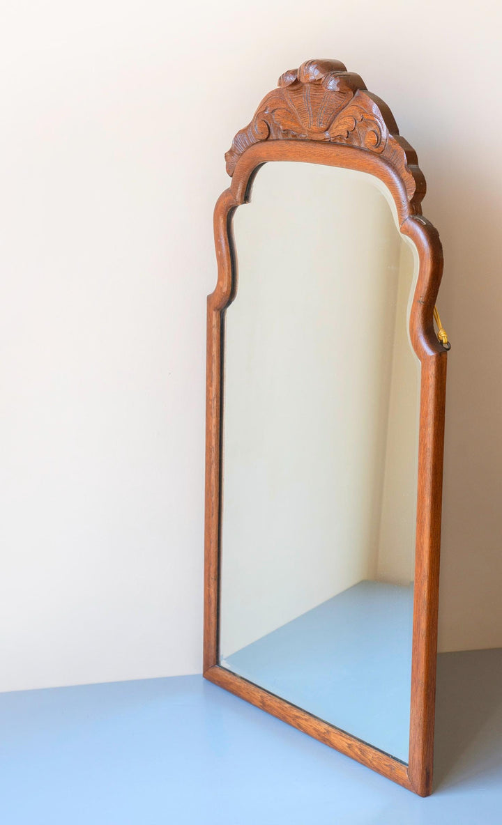 Antique Oak Scalloped Mirror- Carved Crest, 1900s