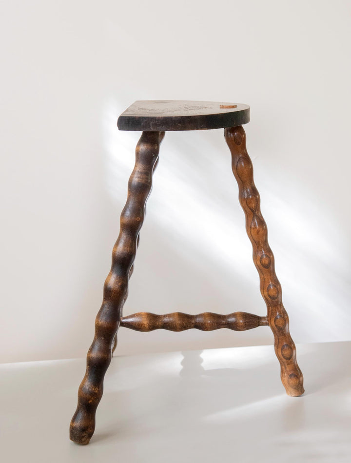 Vintage Wooden Milking Stool with Turned Bobbin Legs