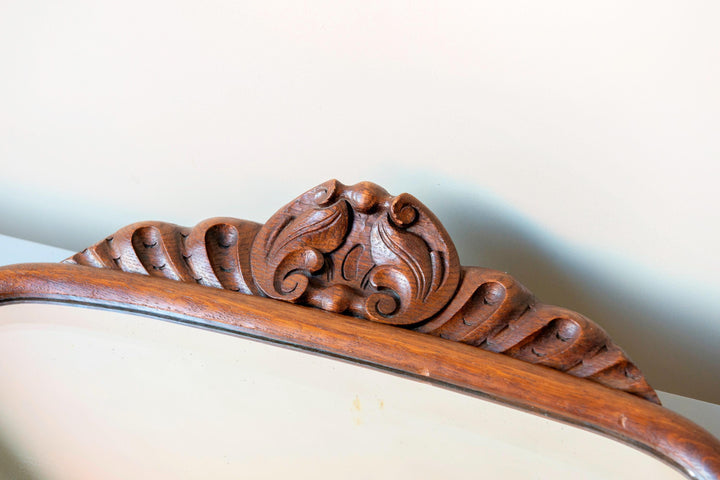 Large Antique Wooden Mantel Mirror – Scalloped Frame With Carved Crest