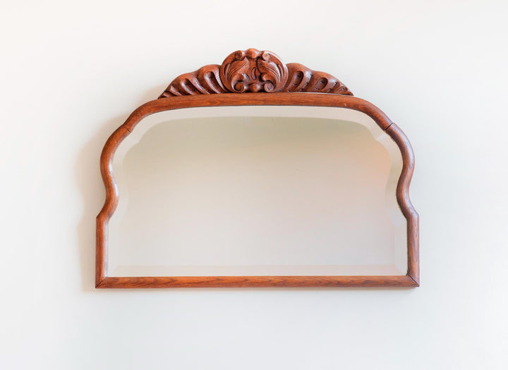 Large Antique Wooden Mantel Mirror – Scalloped Frame With Carved Crest