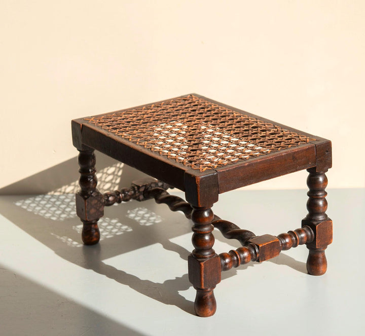 Antique Oak Barley Twist Stool - Bobbin Footstool With Cane Seat