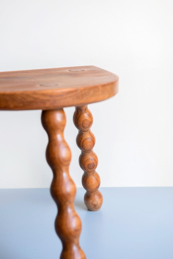 Vintage French Oak Bobbin Stool – Half Round Top