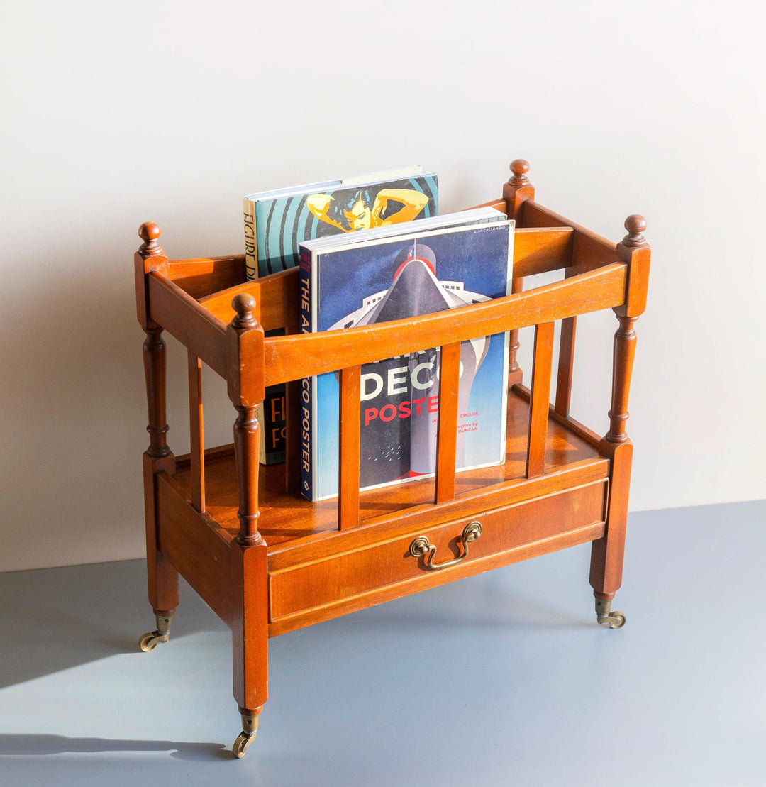Vintage Wooden Magazine Rack Trolley with Drawer and Wheels