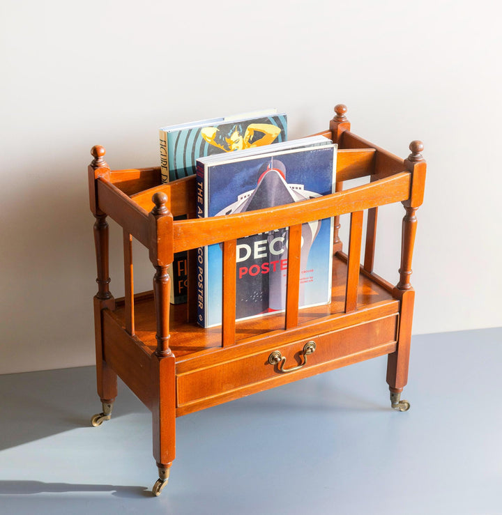 Vintage Wooden Magazine Rack Trolley with Drawer and Wheels