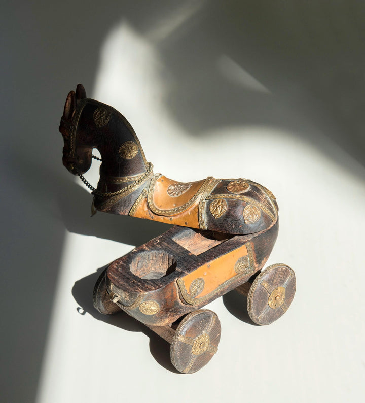Antique Indian Wooden Horse on Wheels – Brass & Copper