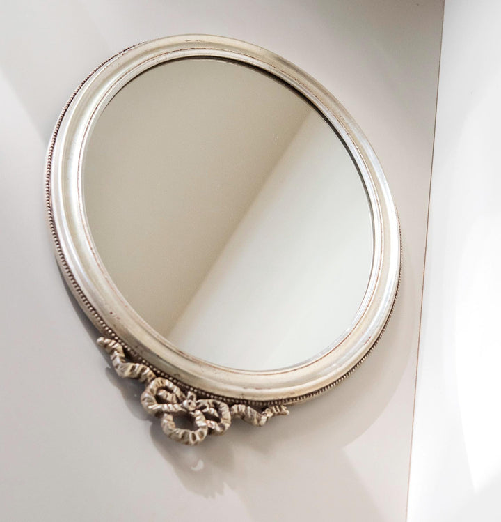 Vintage Belgian Silver Oval Wall Mirror - 1960s Bow Crest