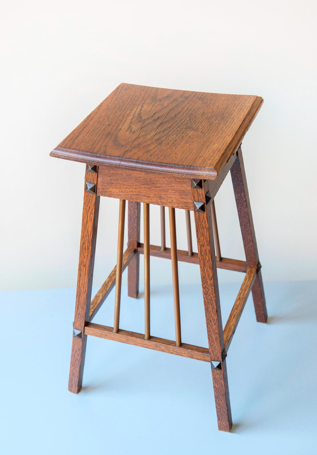 Dutch Art Deco Oak Side Table With Brass Spindles