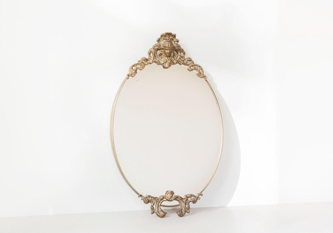Vintage Brass Oval Wall Mirror With Crest