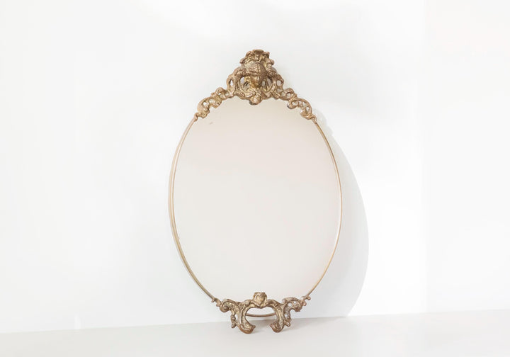 Vintage Brass Oval Wall Mirror With Crest