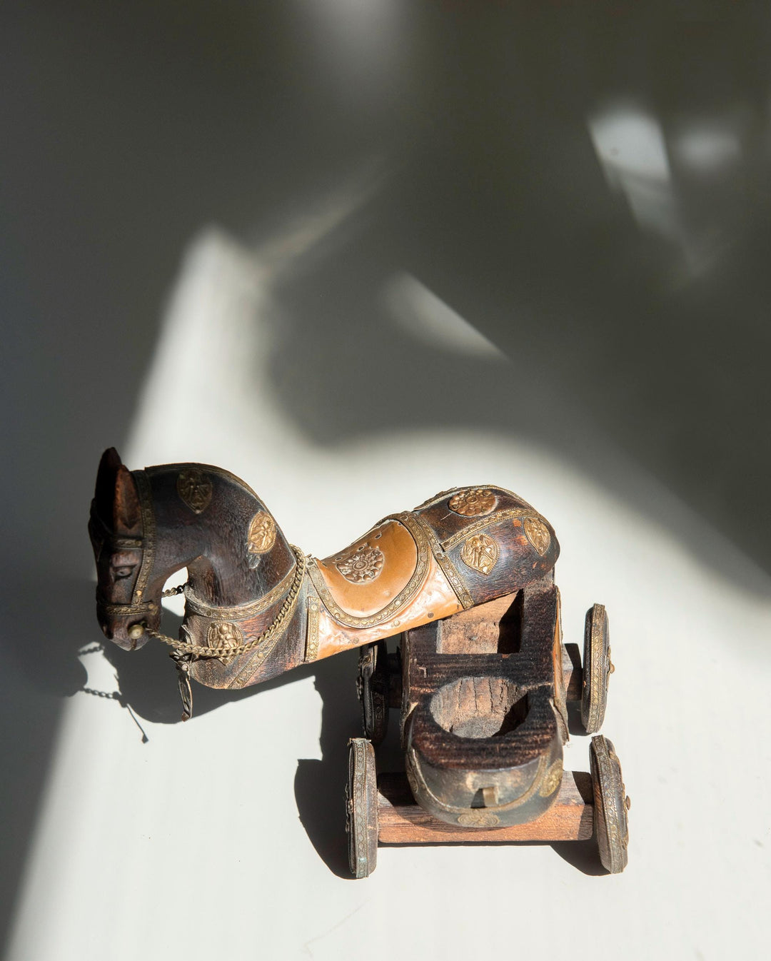 Antique Indian Wooden Horse on Wheels – Brass & Copper