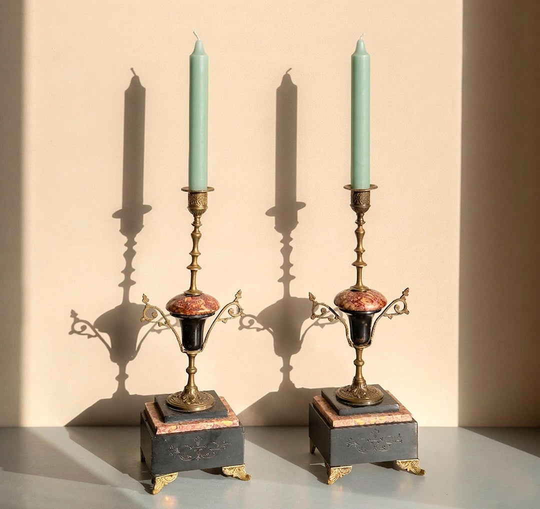 Pair of Antique French Marble and Brass Candlesticks