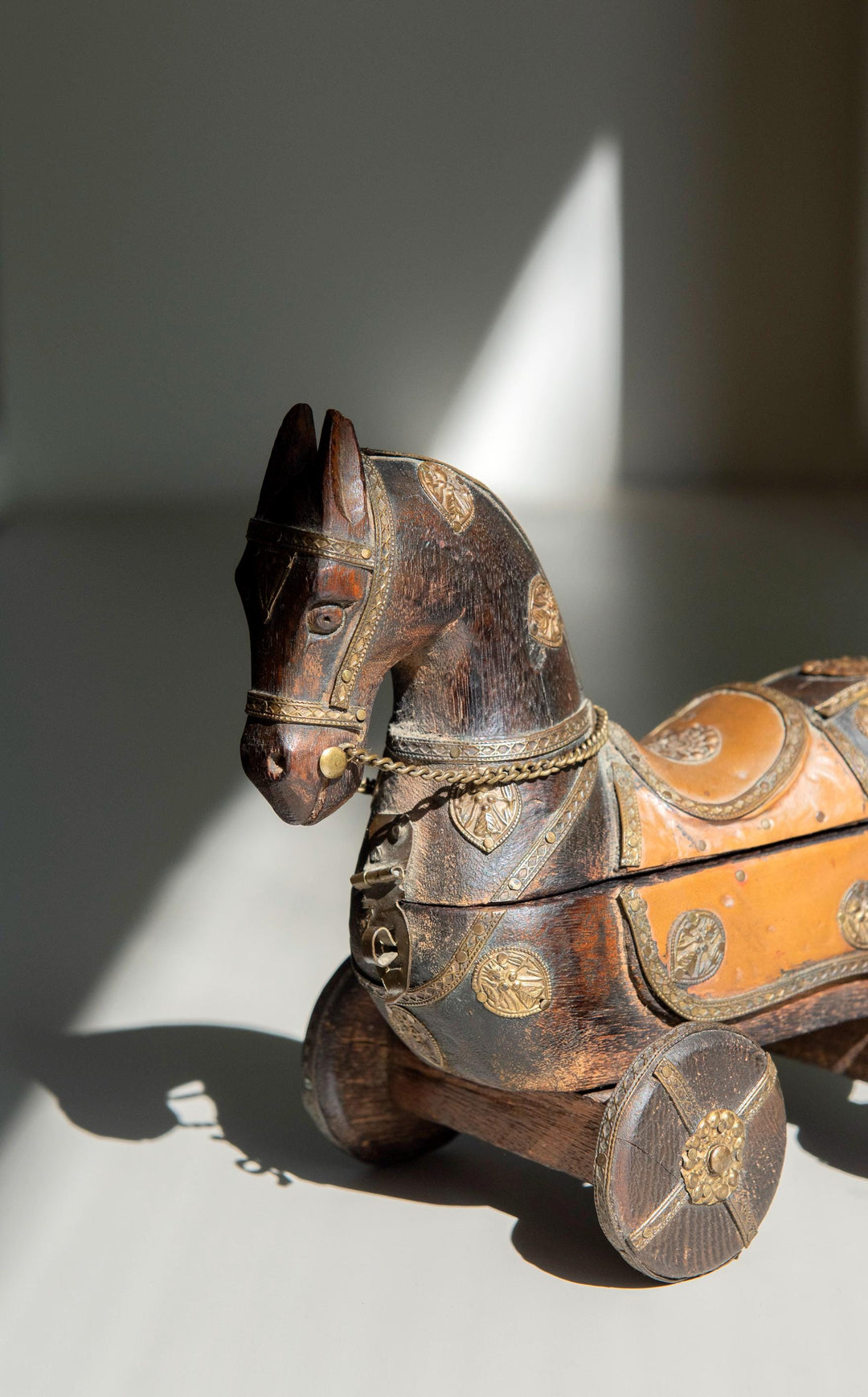 Antique Indian Wooden Horse on Wheels – Brass & Copper