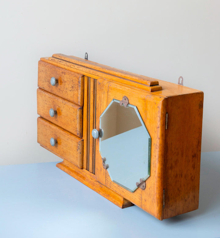 Antique Art Deco Oak Medicine Cabinet with Octagonal Mirror