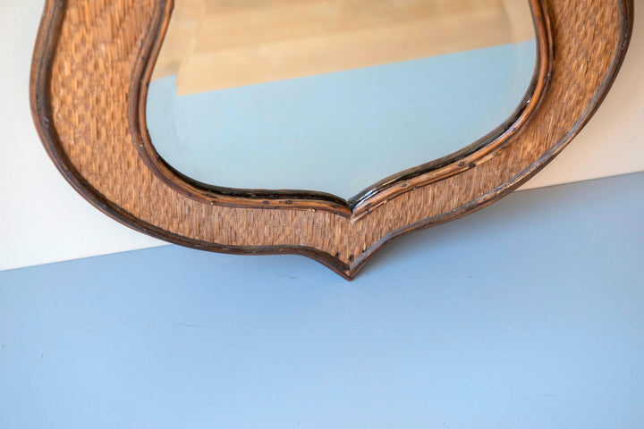 Vintage Shield Mirror - Large Rattan Wicker Frame