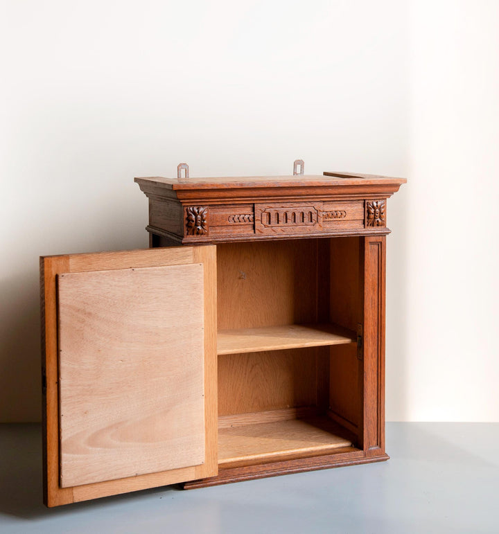 Antique Oak Wall Cabinet With Beveled Mirror – 19th Century