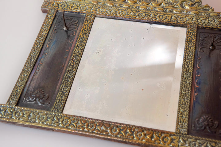 Antique Dutch Brass Wall Mirror with Hooks - 1900s