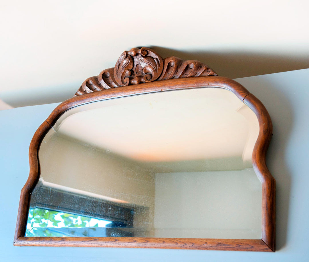 Large Antique Wooden Mantel Mirror – Scalloped Frame With Carved Crest