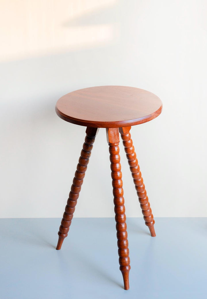 Vintage Teak Round Side Table With Bobbin Legs – Mid Century