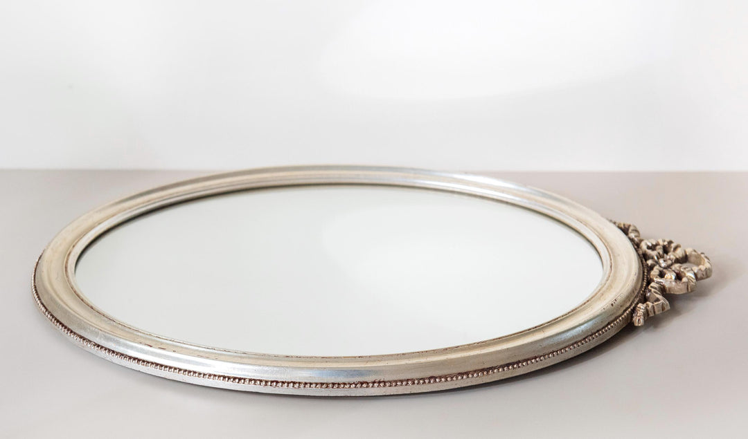 Vintage Belgian Silver Oval Wall Mirror - 1960s Bow Crest