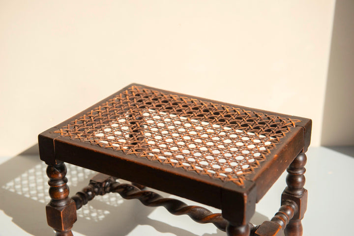 Antique Oak Barley Twist Stool - Bobbin Footstool With Cane Seat