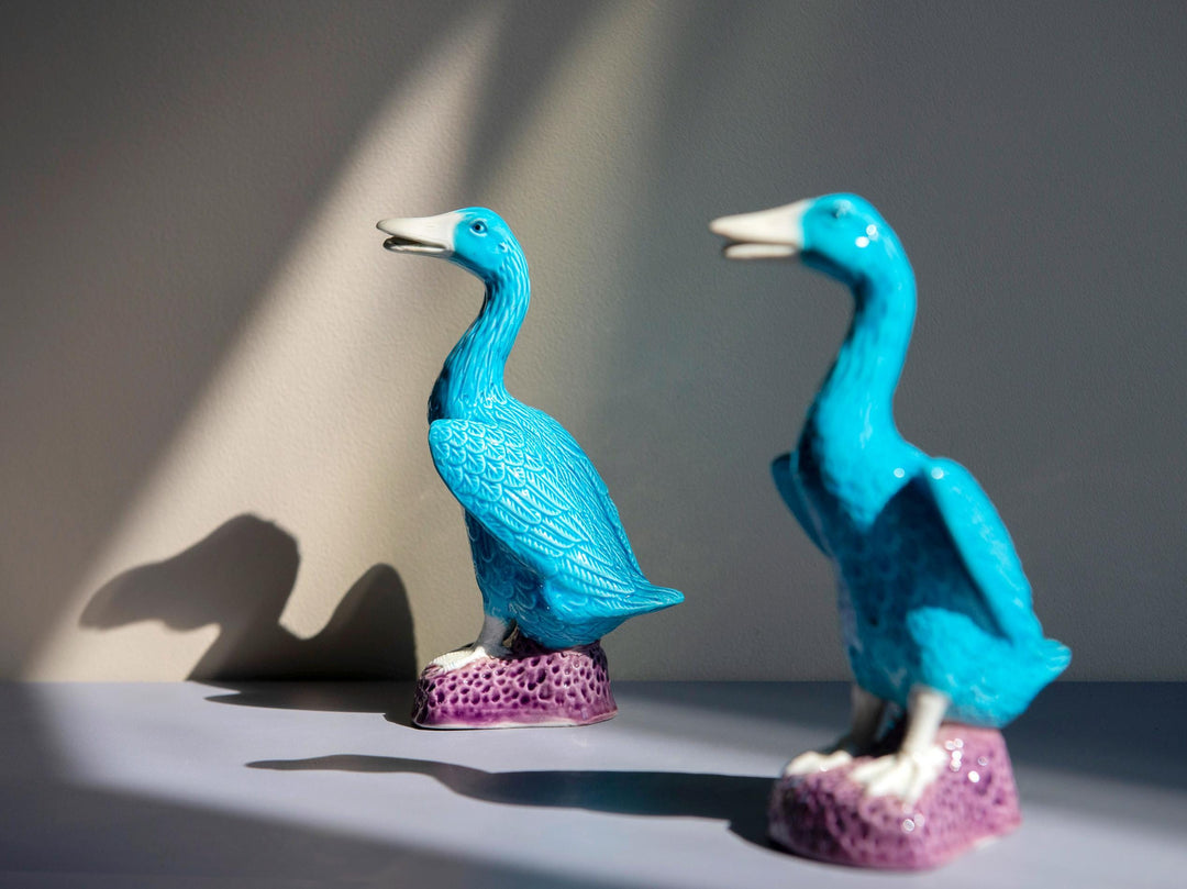 Set Of 2 Porcelain Blue Duck Statues - Chinese Pottery