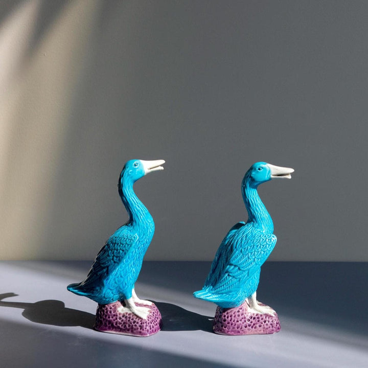 Set Of 2 Porcelain Blue Duck Statues - Chinese Pottery