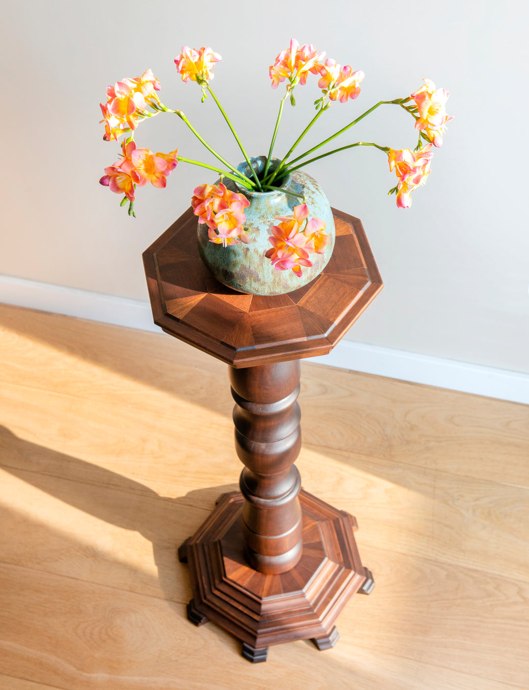 Octagonal Pedestal Table, Marquetry Wood Inlay