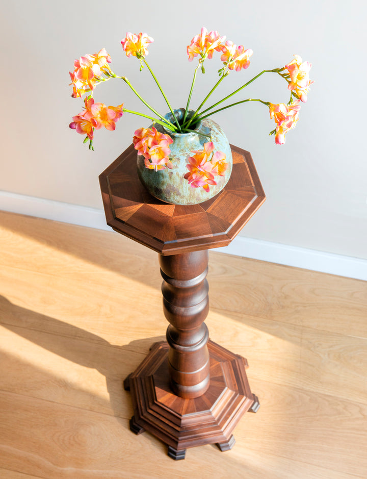 Octagonal Pedestal Table, Marquetry Wood Inlay