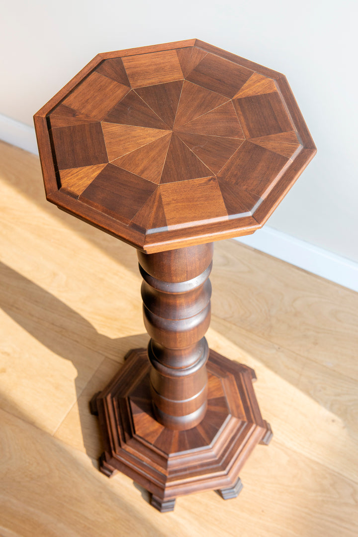 Octagonal Pedestal Table, Marquetry Wood Inlay
