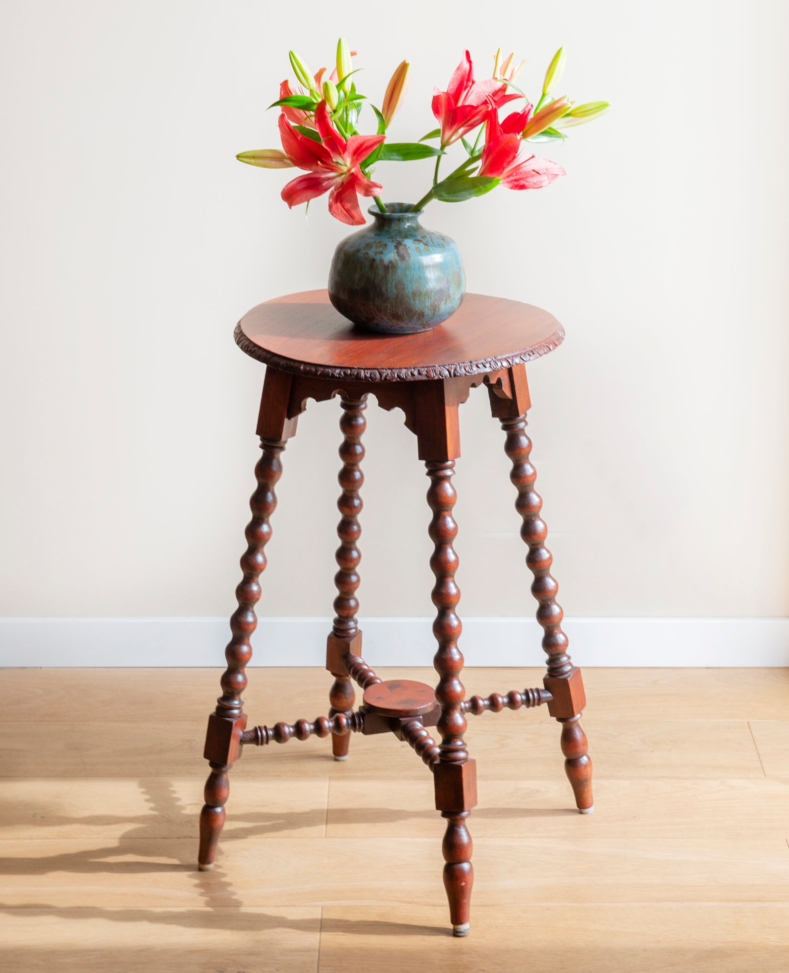 Large Antique Side Table With Carved Bobbin Legs – Curated Vintage