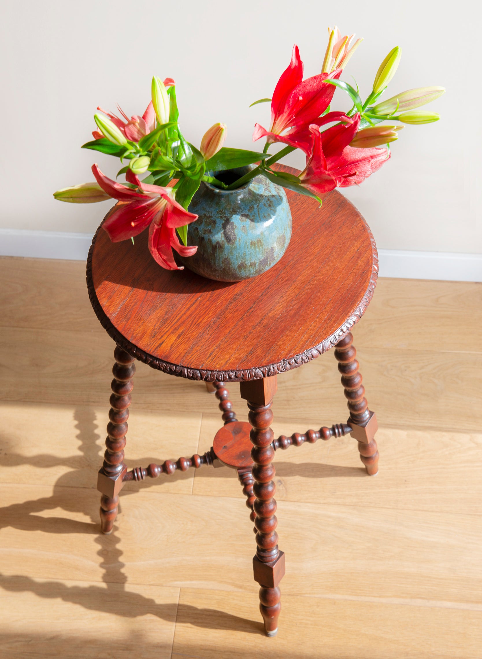 Large Antique Side Table With Carved Bobbin Legs – Curated Vintage