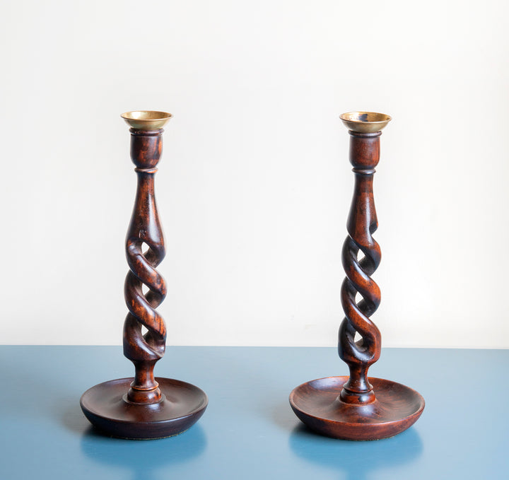 Antique Barley Twist Candle Holder Pair, 1920s Design