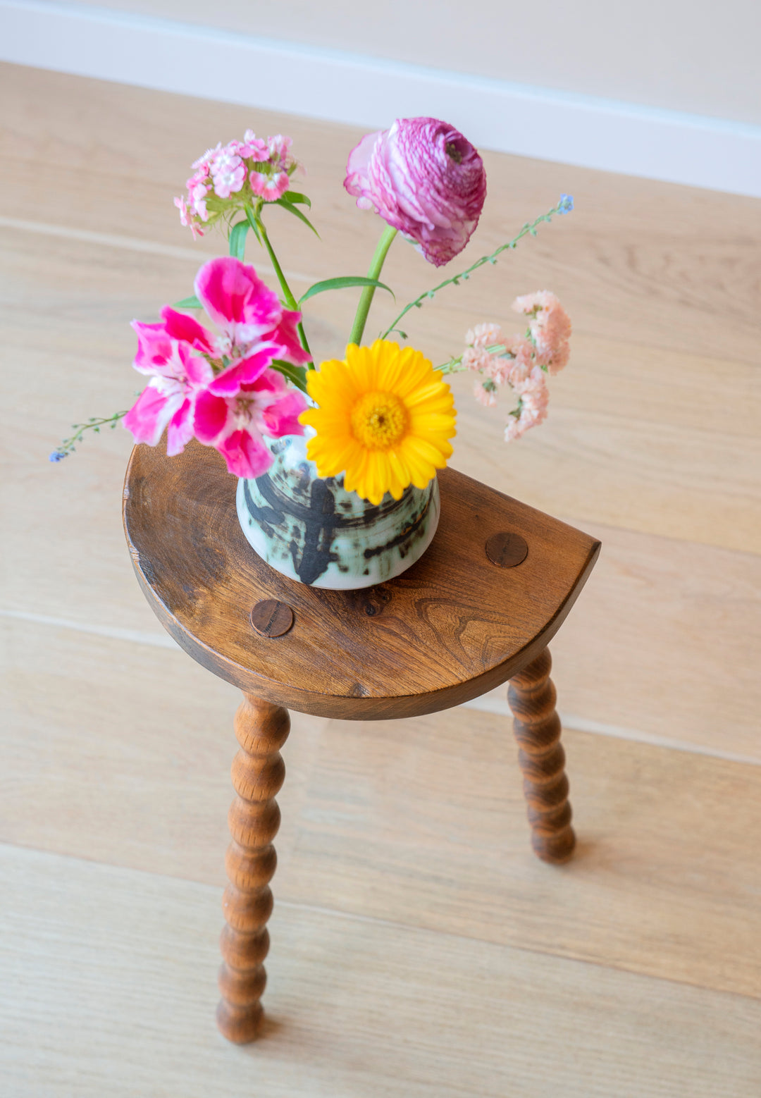 French Bobbin Milking Stool, Half Moon Table