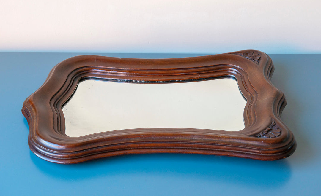 Mahogany Wooden Mirror With Scalloped Frame, Art Nouveau Style