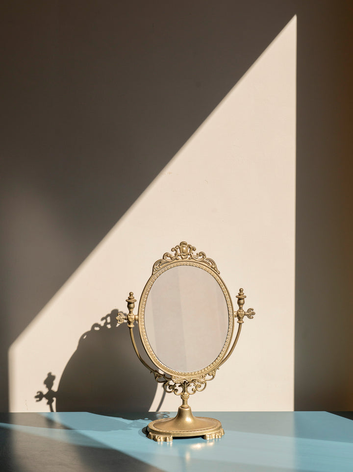 Antique Brass Oval Table Mirror, Ornate Frame
