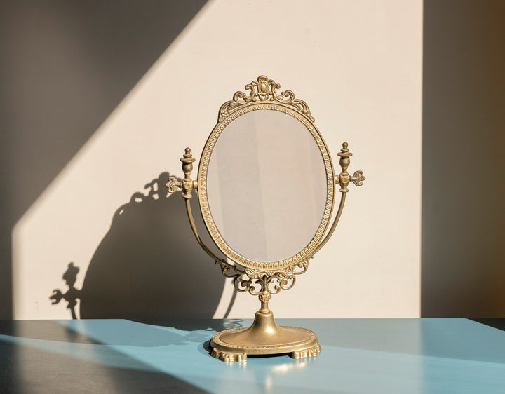 Antique Brass Oval Table Mirror, Ornate Frame
